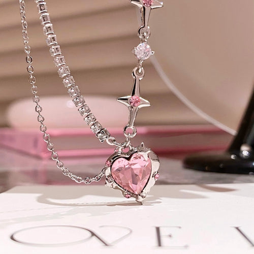 Sweet Pink Heart Crystal Necklace - Thee Gift